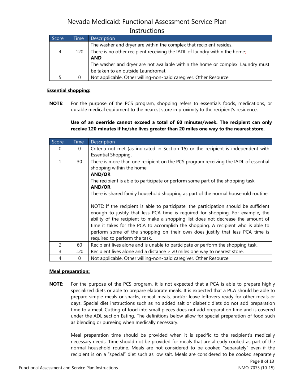Instructions for Form NMO-7073 Nevada Medicaid: Functional Assessment Service Plan - Nevada, Page 8