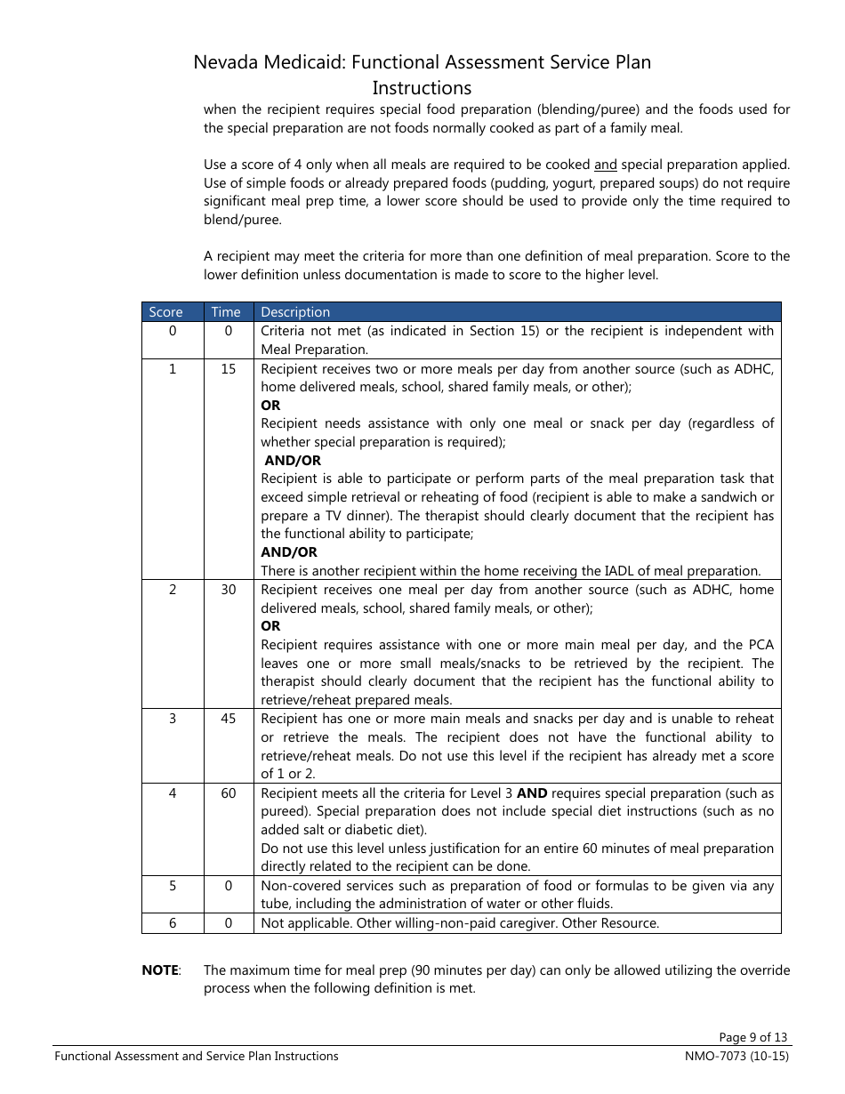 Instructions for Form NMO-7073 Nevada Medicaid: Functional Assessment Service Plan - Nevada, Page 9