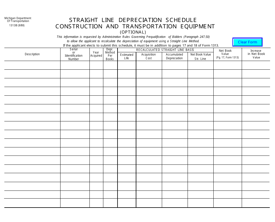 Form 1313B Straight Line Depreciation Schedule - Michigan, Page 1