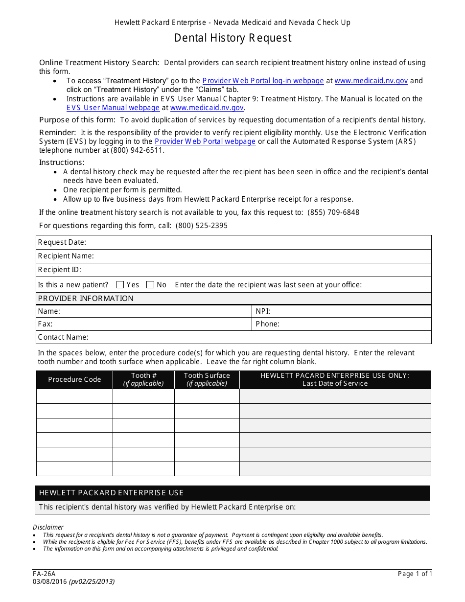 Form FA-26A Dental History Request - Nevada, Page 1