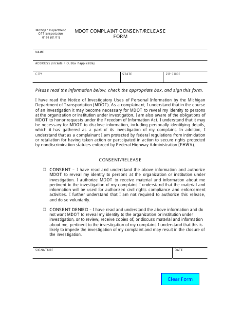 Form 0198 Mdot Complaint Consent/Release Form - Michigan