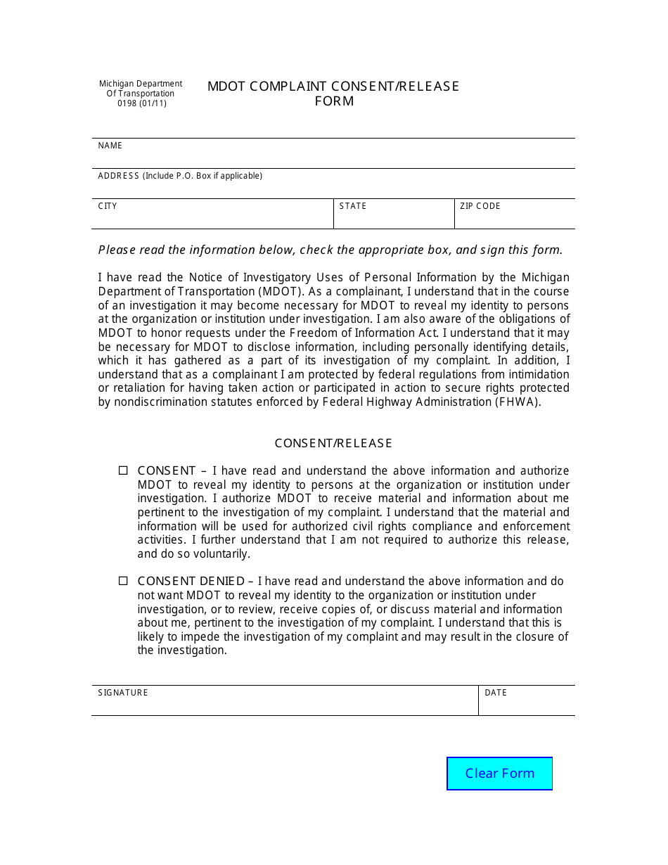 Form 0198 Mdot Complaint Consent / Release Form - Michigan, Page 1