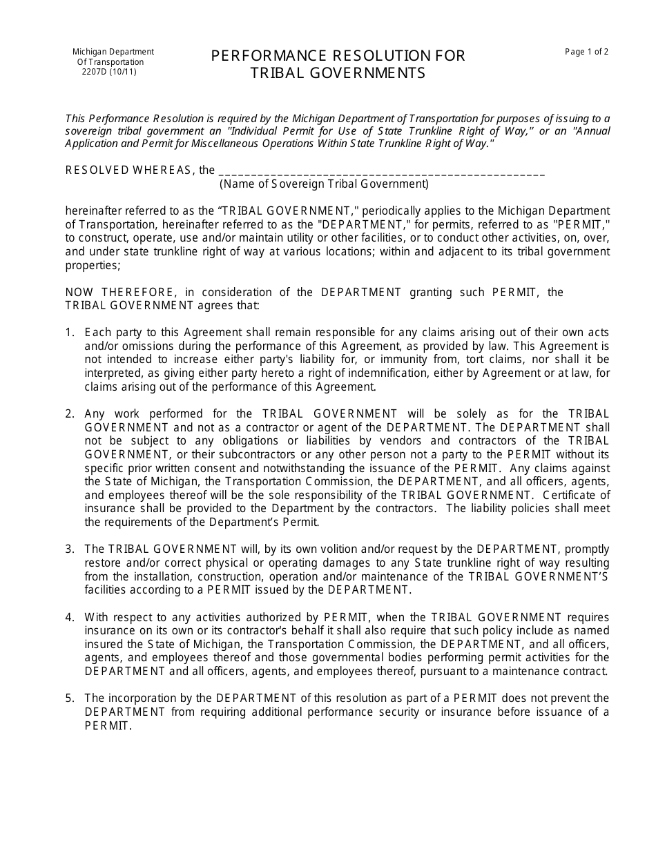 Form 2207D Performance Resolution for Tribal Governments - Michigan, Page 1
