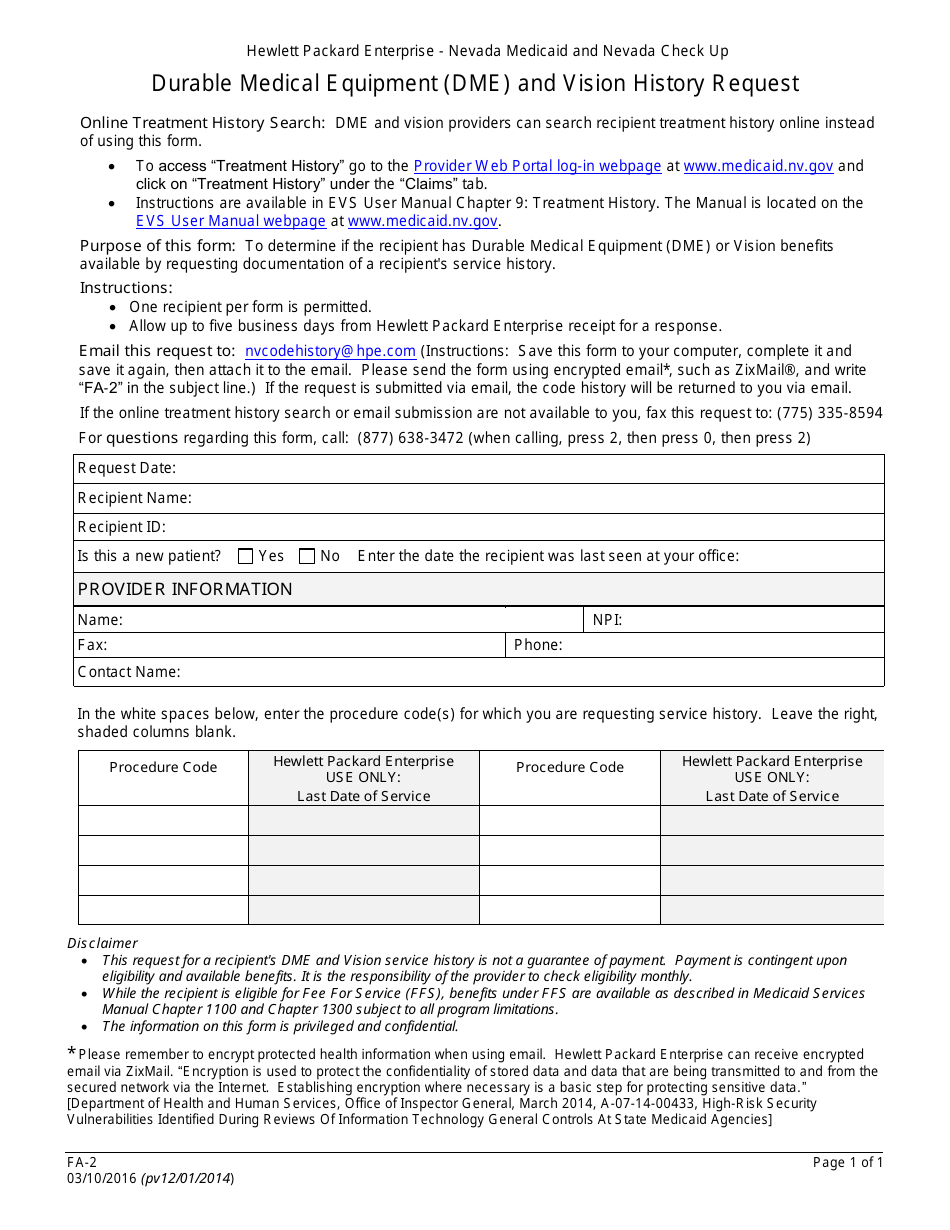 Form FA-2 Durable Medical Equipment (Dme) and Vision History Request - Nevada, Page 1