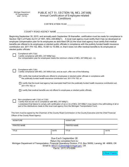 Form 2067 County Annual Certification of Employee Conditions - Michigan