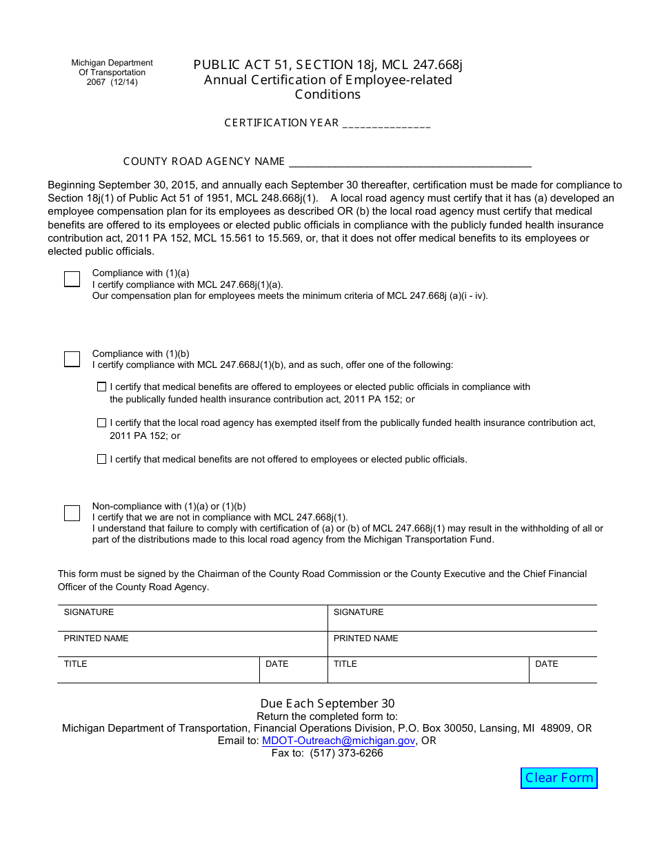 Form 2067 County Annual Certification of Employee Conditions - Michigan, Page 1