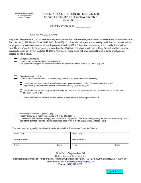 Form 2068 City/Village Annual Certification of Employee Conditions - Michigan