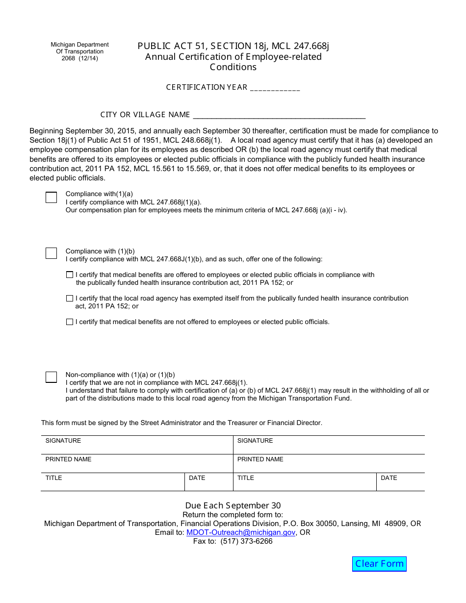 Form 2068 City / Village Annual Certification of Employee Conditions - Michigan, Page 1