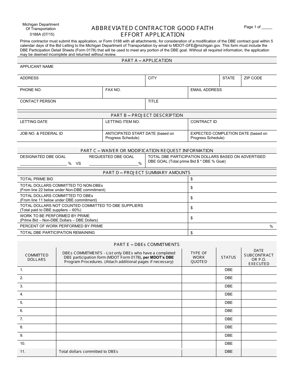Form 0188A Abbreviated Contractor Good Faith Effort Application - Michigan, Page 1