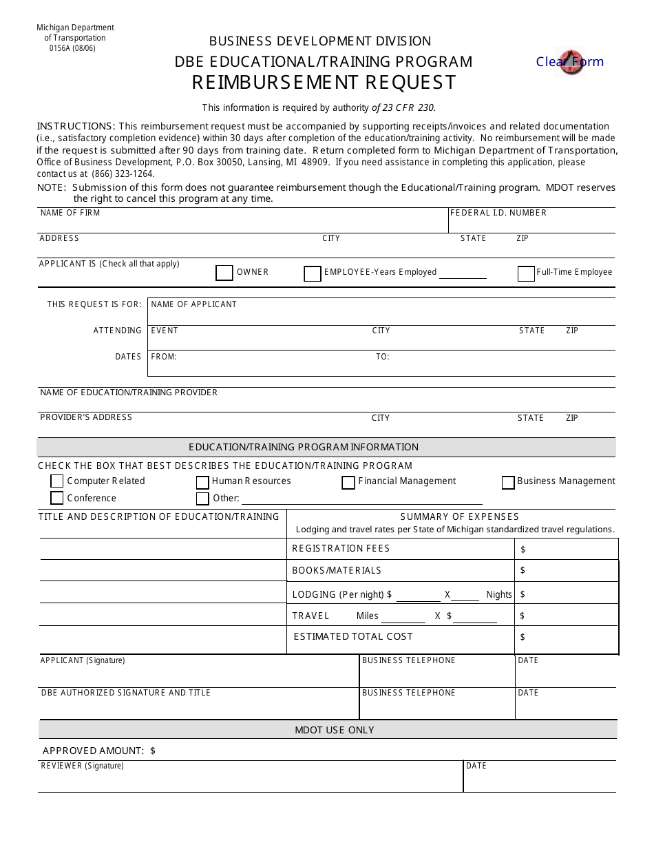 Form 0156A Dbe Educational/Training Program Reimbursement Request - Michigan, Page 1