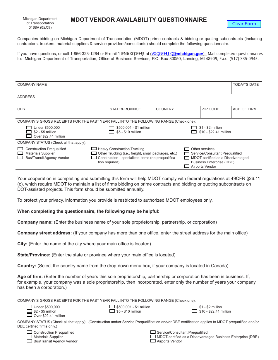 Form 0168A Mdot Vendor Availability Questionnaire - Michigan, Page 1