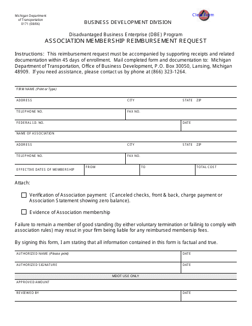 Form 0171 Association Membership Reimbursement Request - Michigan