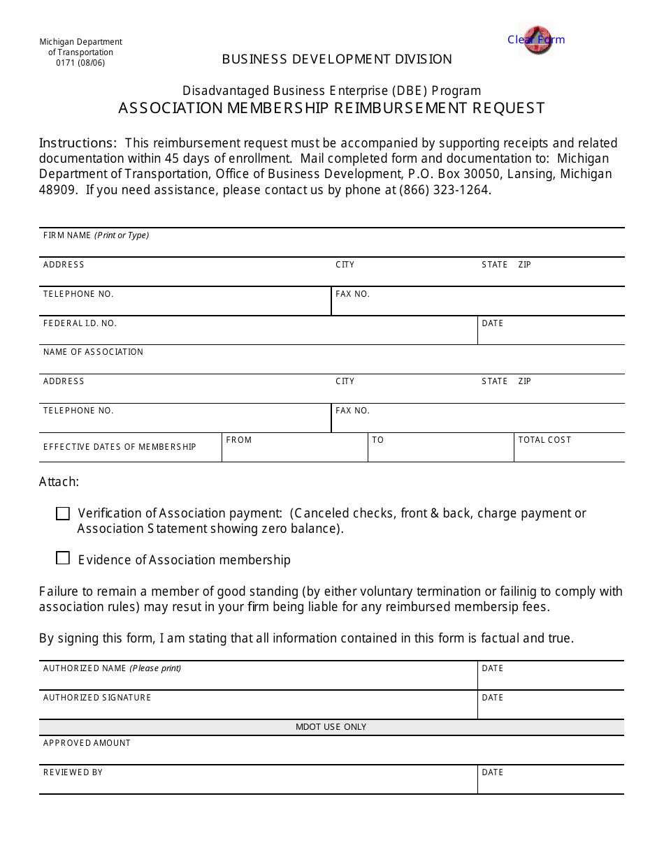 Form 0171 Association Membership Reimbursement Request - Michigan, Page 1