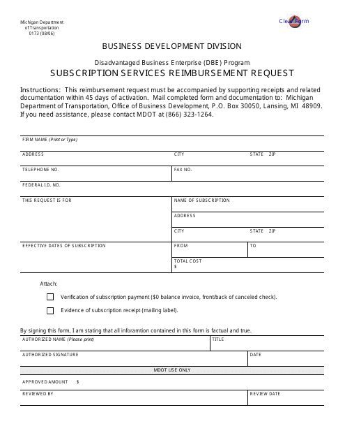 Form 0173 Subscription Services Reimbursement Request - Michigan
