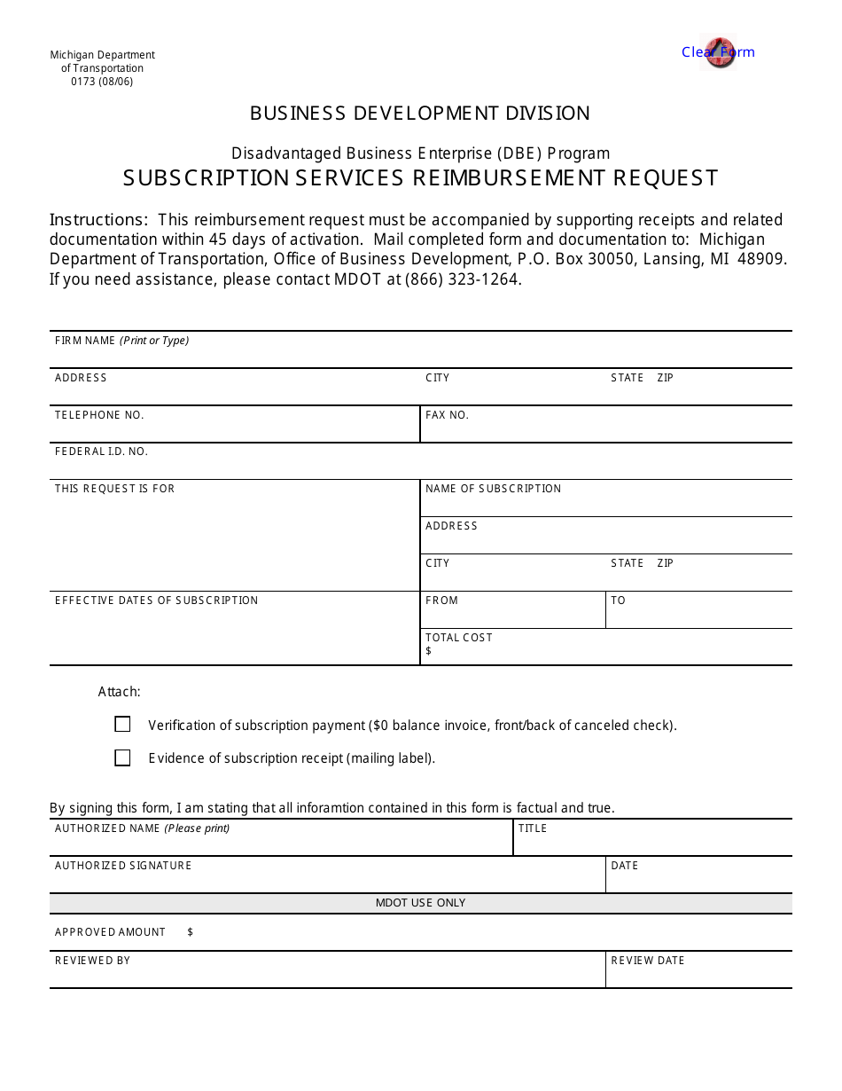 Form 0173 Subscription Services Reimbursement Request - Michigan, Page 1