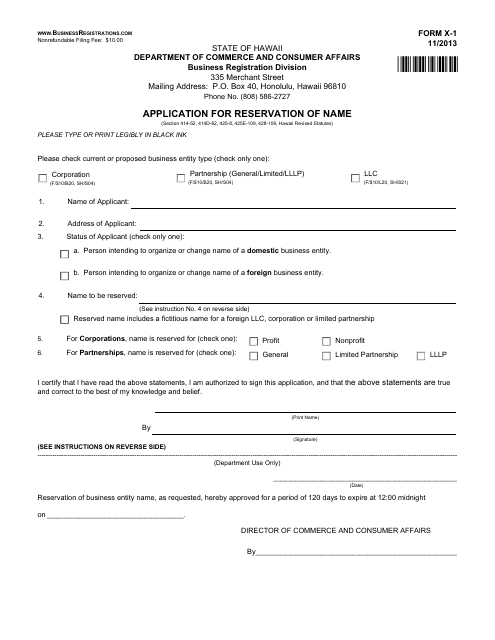Form X-1 Application for Reservation of Name - Hawaii