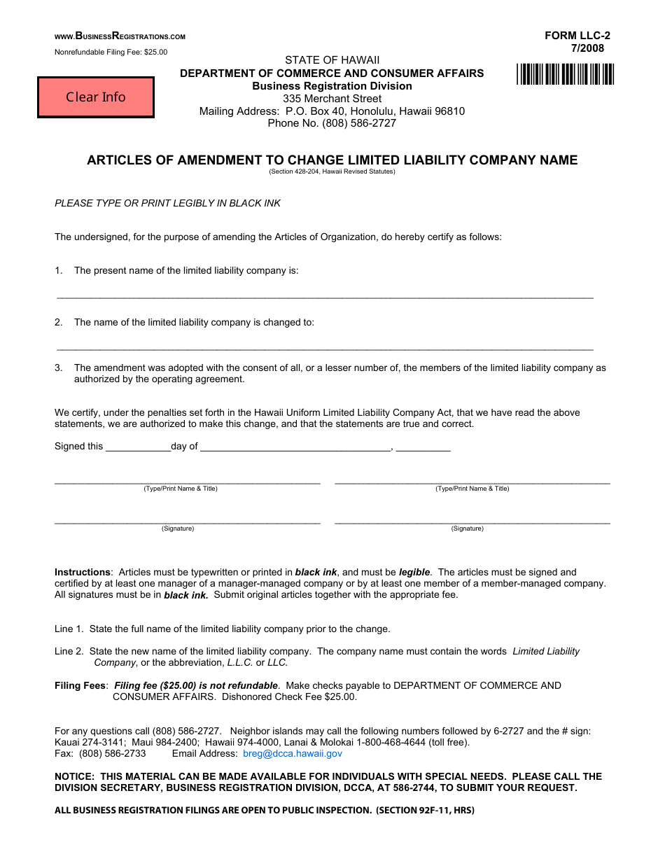 Form LLC-2 Articles of Amendment to Change Limited Liability Company Name - Hawaii, Page 1