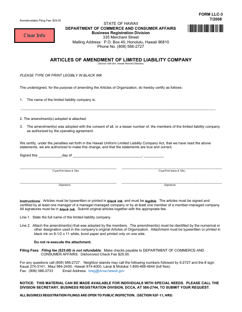 Form LLC-3 Articles of Amendment of Limited Liability Company - Hawaii