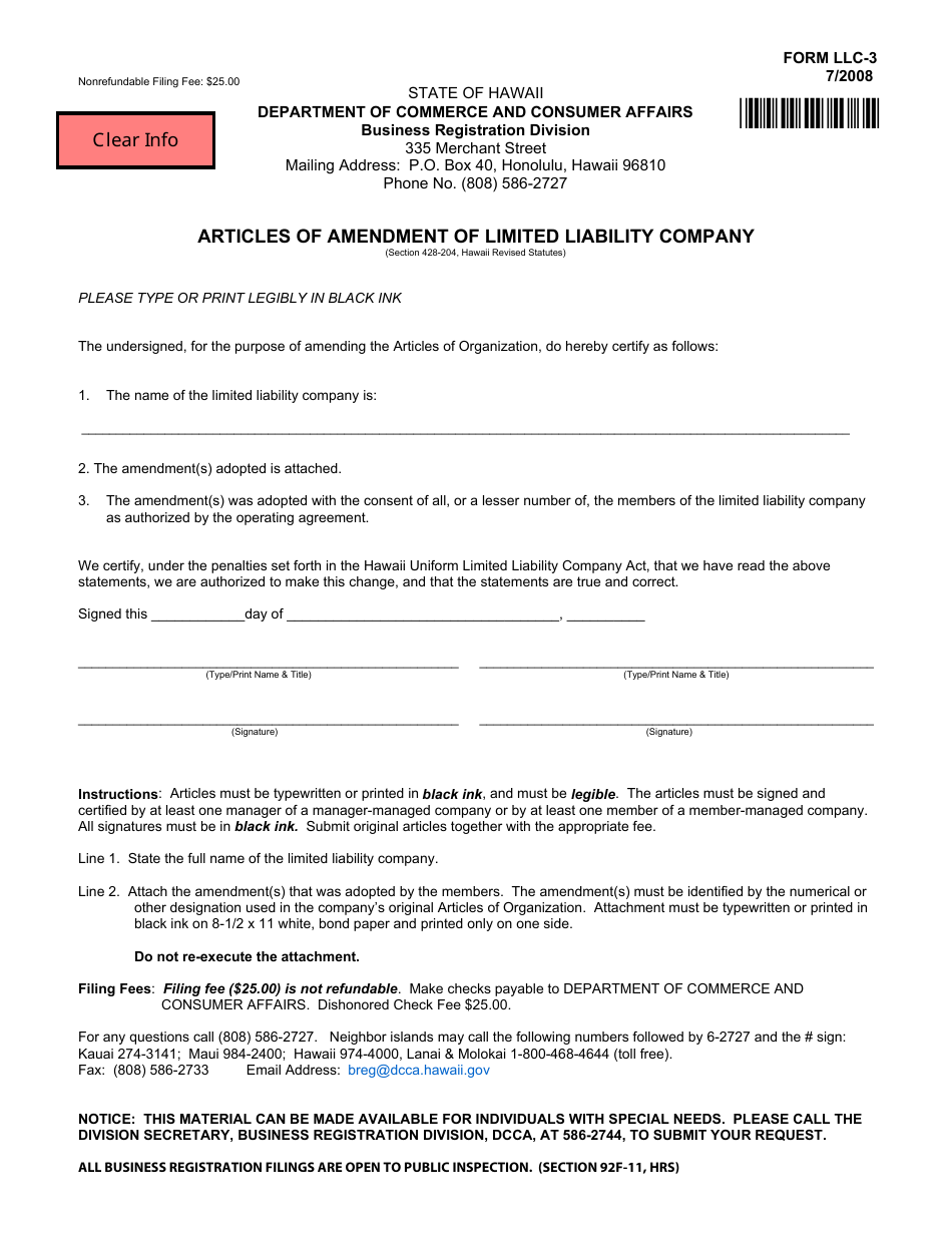 Form LLC-3 Articles of Amendment of Limited Liability Company - Hawaii, Page 1