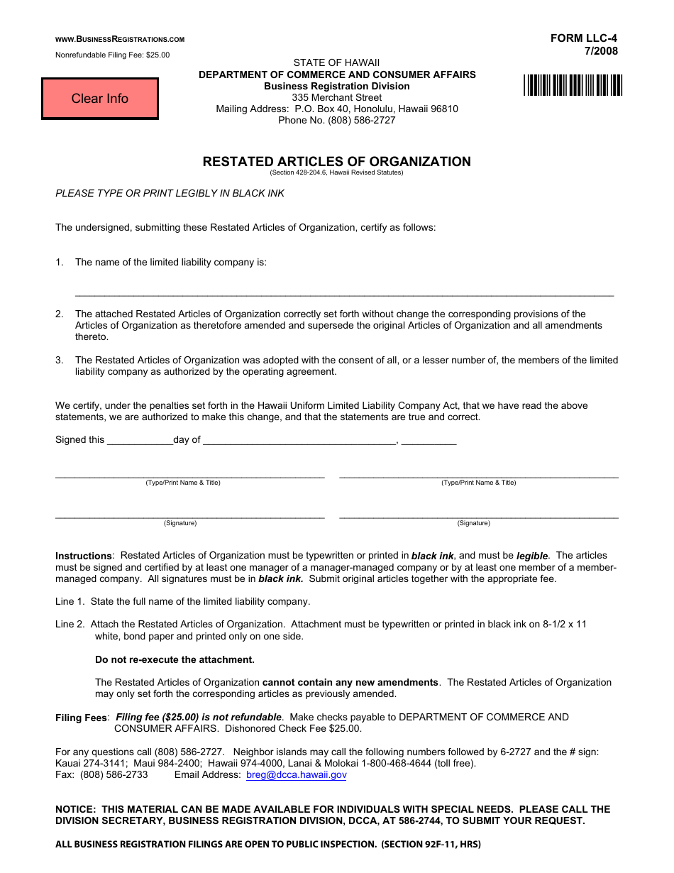 Form LLC-4 Restated Articles of Organization - Hawaii, Page 1