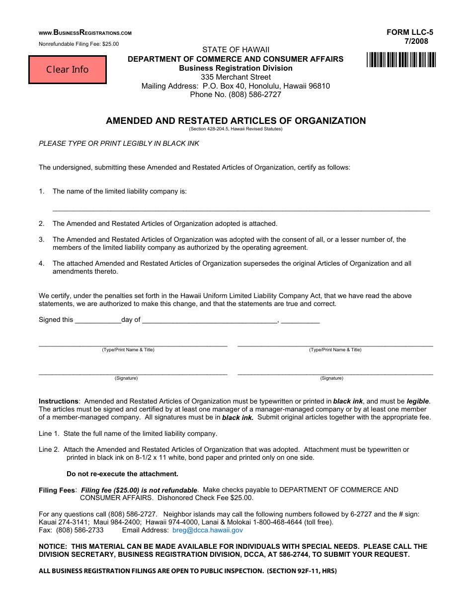 Form LLC-5 Amended and Restated Articles of Organization - Hawaii, Page 1