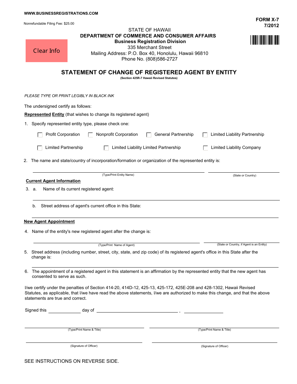Form X-7 Statement of Change of Registered Agent by Entity - Hawaii, Page 1
