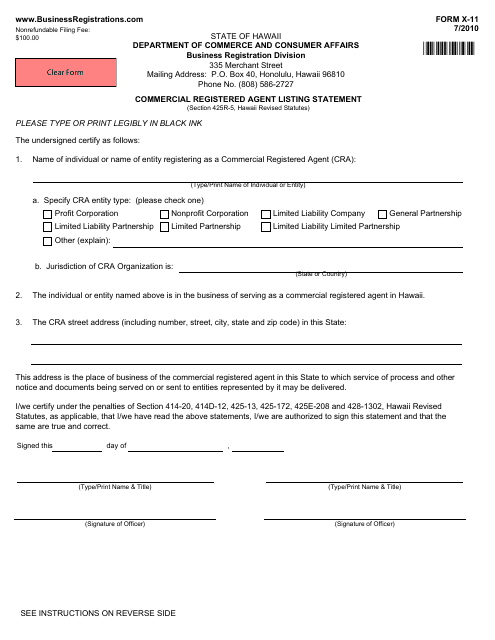 Form X-11 Commercial Registered Agent Listing Statement - Hawaii