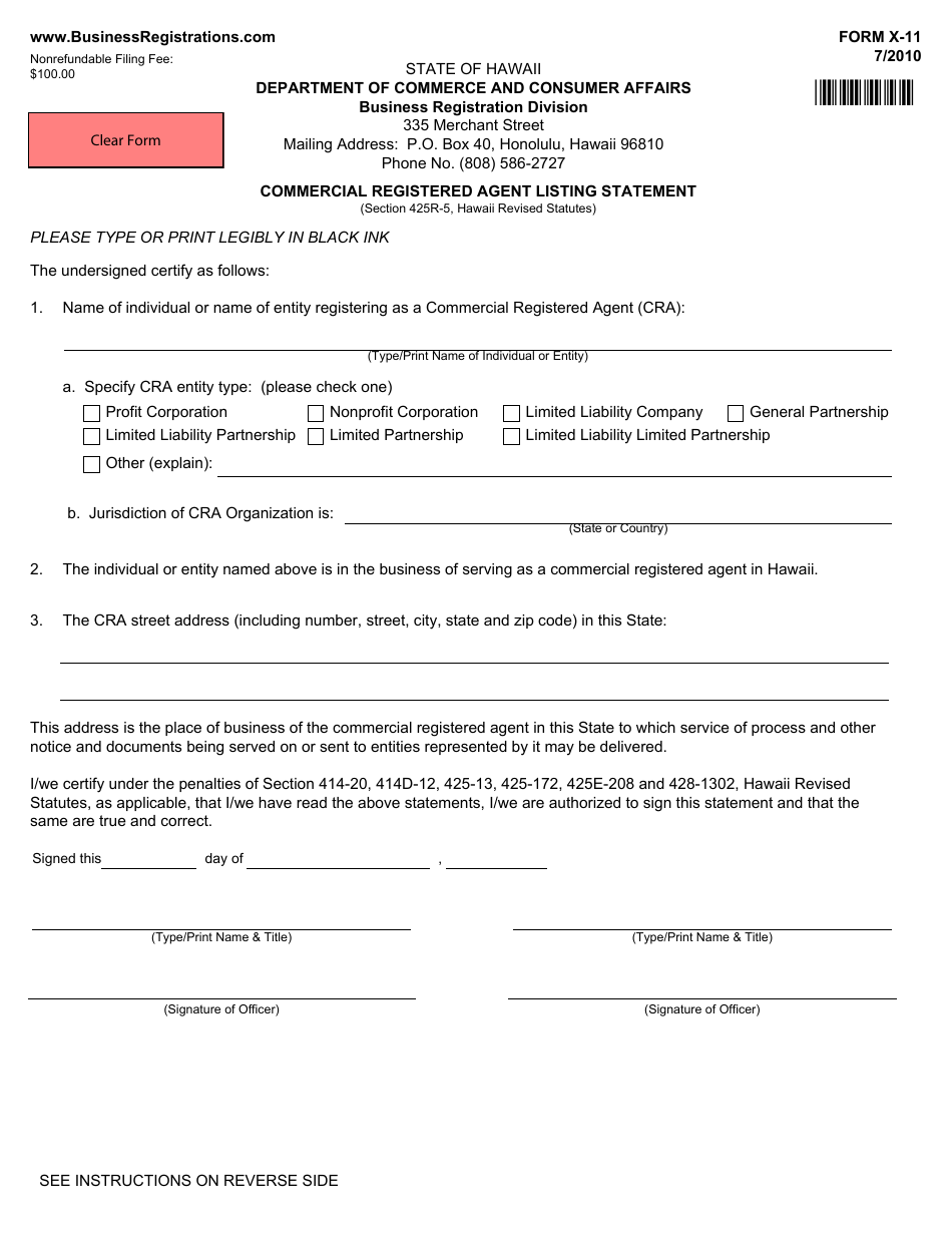 Form X-11 Commercial Registered Agent Listing Statement - Hawaii, Page 1