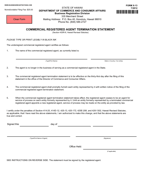Form X-13 Commercial Registered Agent Termination Statement - Hawaii