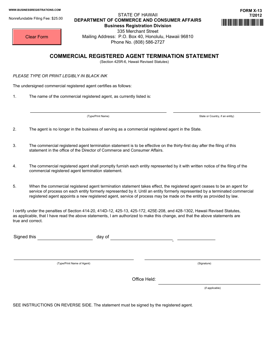 Form X-13 Commercial Registered Agent Termination Statement - Hawaii, Page 1