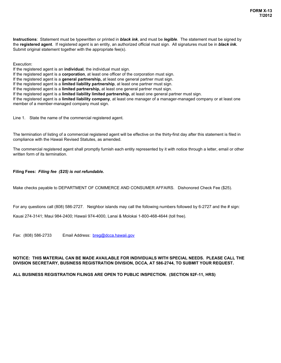 Form X-13 Commercial Registered Agent Termination Statement - Hawaii, Page 2