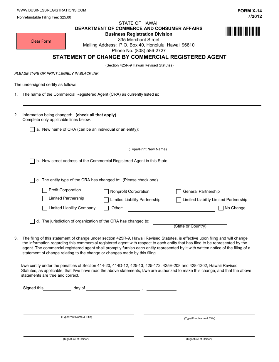 Form X-14 Statement of Change by Commercial Registered Agent - Hawaii, Page 1