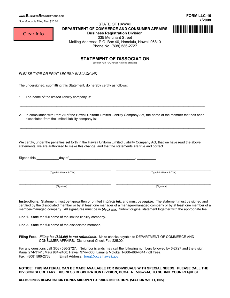 Form LLC-10 Statement of Dissociation - Hawaii, Page 1