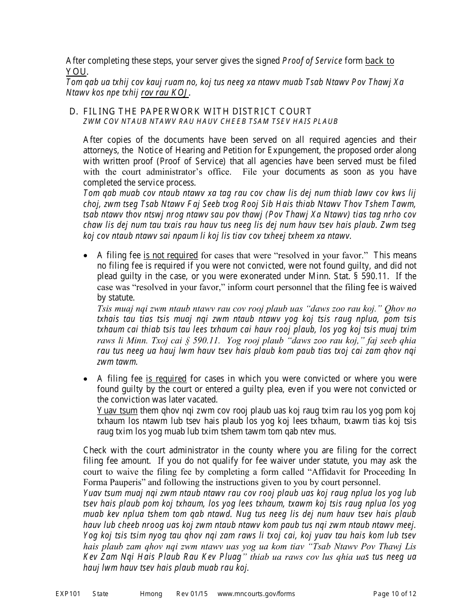 Form EXP101 Petitioners Instructions for Expungement (Sealing) of Criminal Records - Minnesota (English / Hmong), Page 10