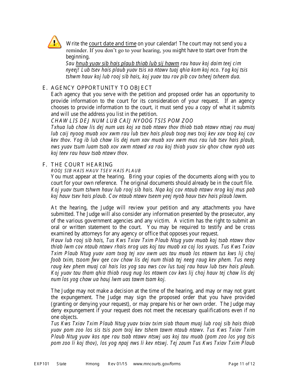 Form EXP101 Petitioners Instructions for Expungement (Sealing) of Criminal Records - Minnesota (English / Hmong), Page 11