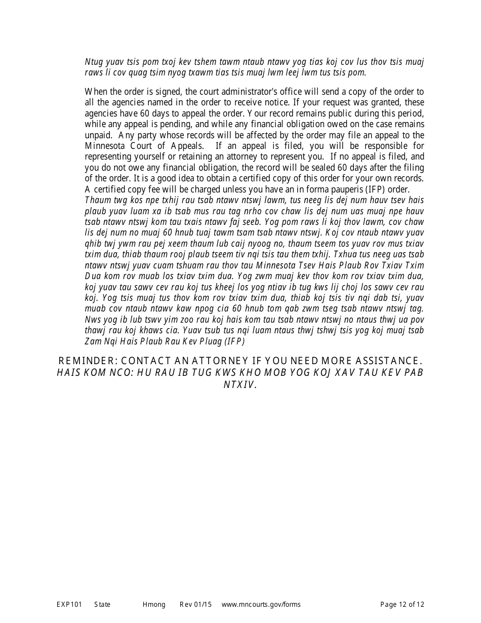 Form EXP101 Petitioners Instructions for Expungement (Sealing) of Criminal Records - Minnesota (English / Hmong), Page 12