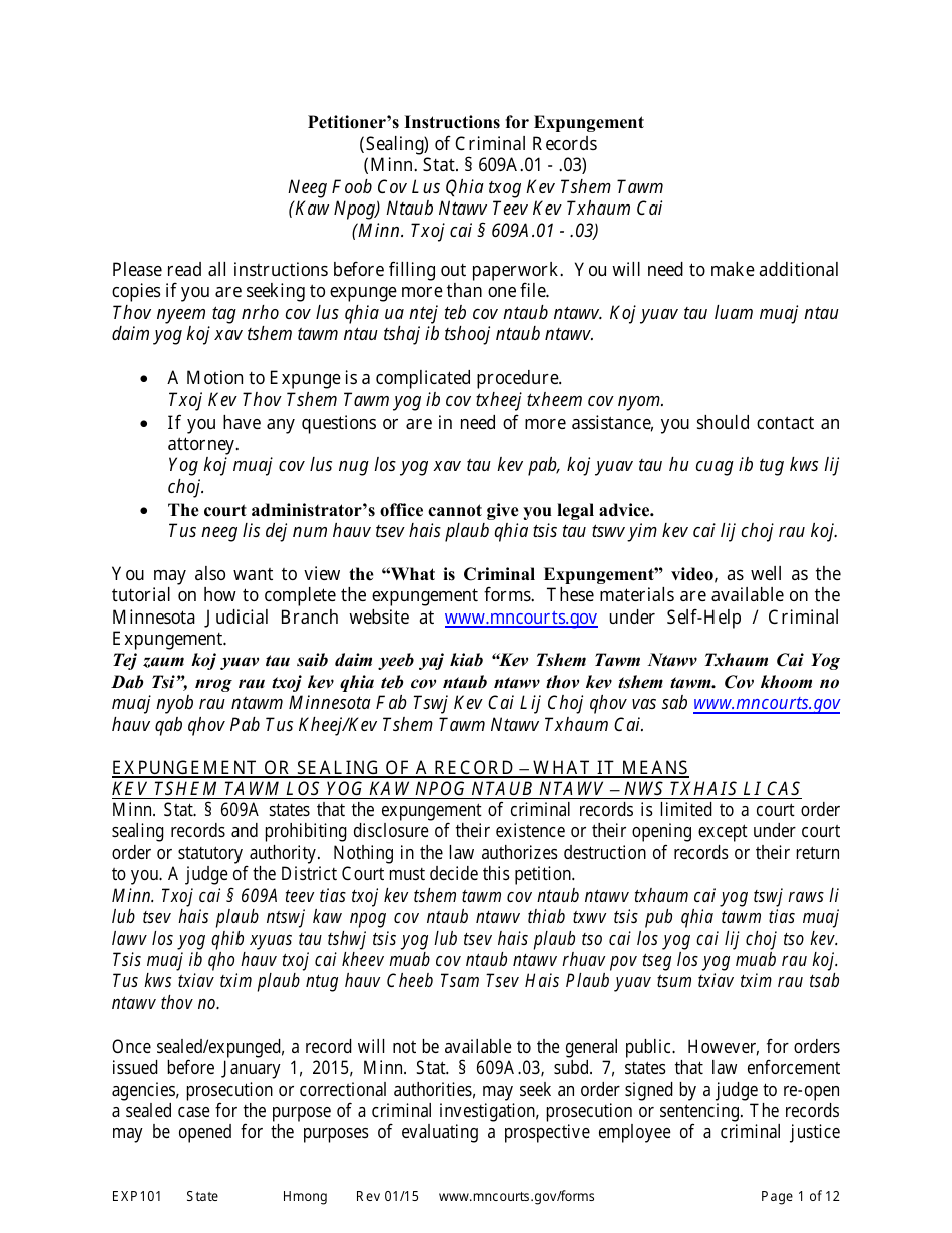 Form EXP101 Petitioners Instructions for Expungement (Sealing) of Criminal Records - Minnesota (English / Hmong), Page 1