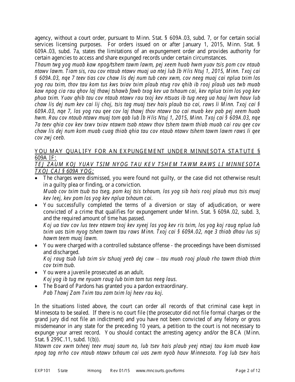 Form EXP101 Petitioners Instructions for Expungement (Sealing) of Criminal Records - Minnesota (English / Hmong), Page 2