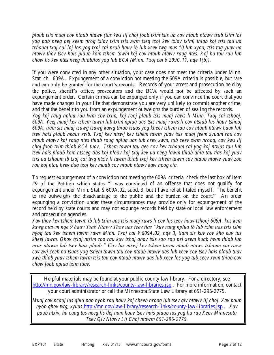 Form EXP101 Petitioners Instructions for Expungement (Sealing) of Criminal Records - Minnesota (English / Hmong), Page 3