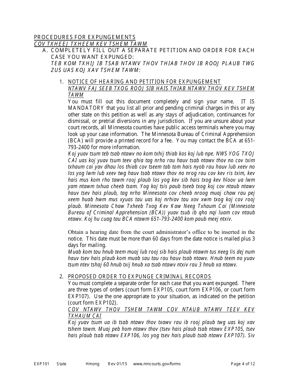 Form EXP101 Petitioners Instructions for Expungement (Sealing) of Criminal Records - Minnesota (English / Hmong), Page 4