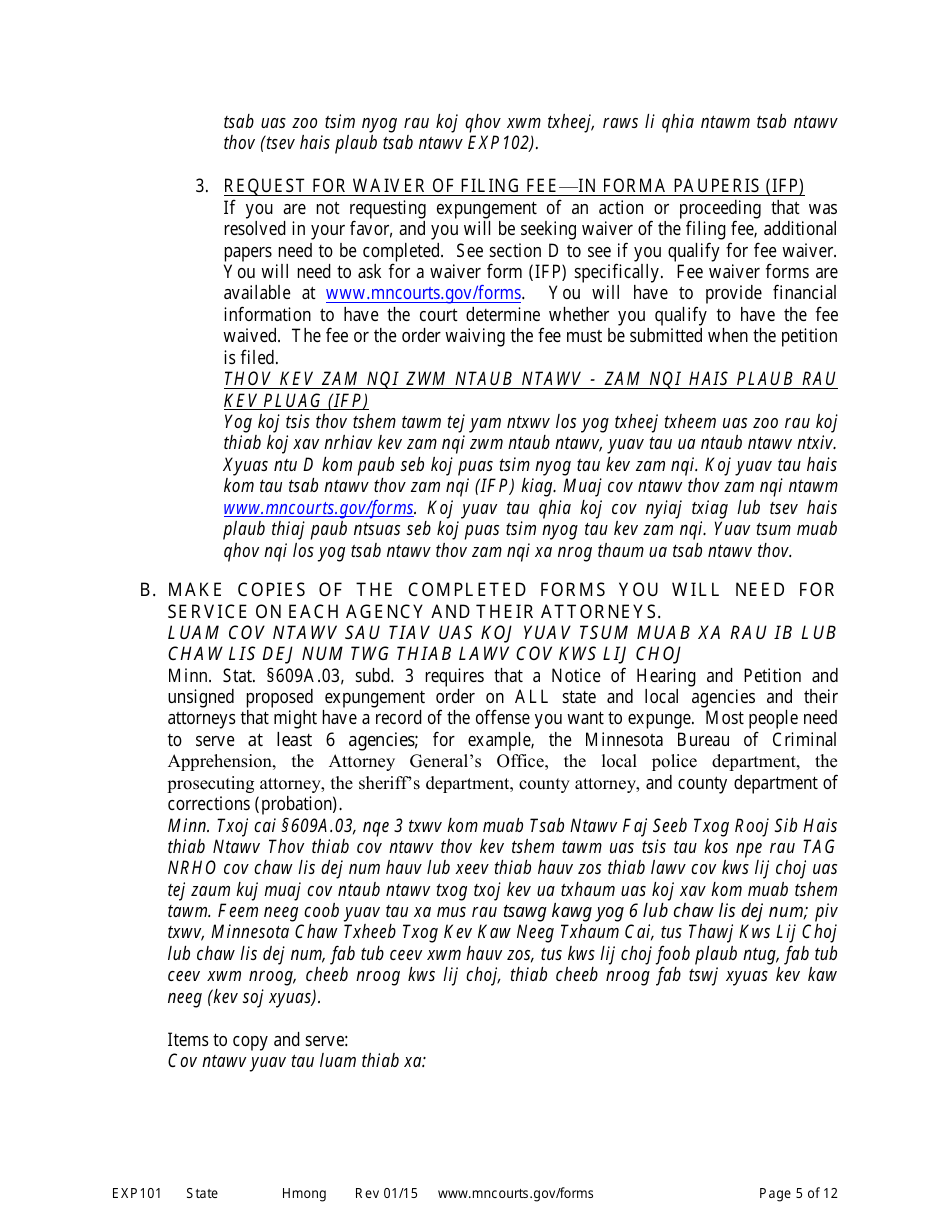 Form EXP101 Petitioners Instructions for Expungement (Sealing) of Criminal Records - Minnesota (English / Hmong), Page 5