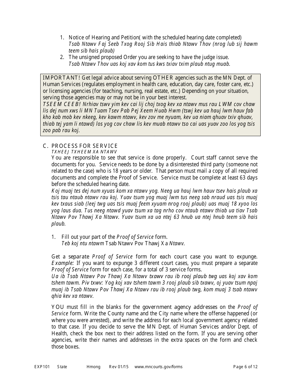 Form EXP101 Petitioners Instructions for Expungement (Sealing) of Criminal Records - Minnesota (English / Hmong), Page 6