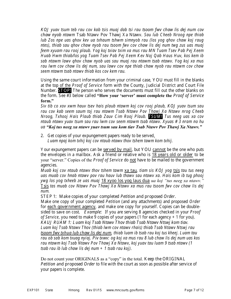 Form EXP101 Petitioners Instructions for Expungement (Sealing) of Criminal Records - Minnesota (English / Hmong), Page 7