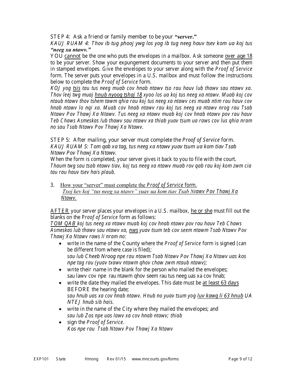 Form EXP101 Petitioners Instructions for Expungement (Sealing) of Criminal Records - Minnesota (English / Hmong), Page 9