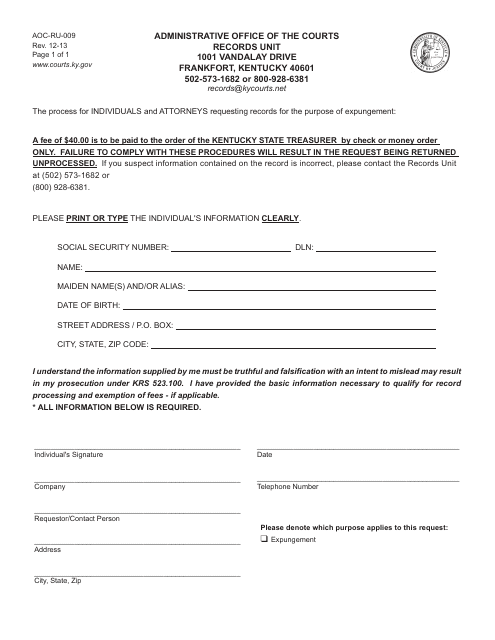 Form AOC-RU-009  Printable Pdf