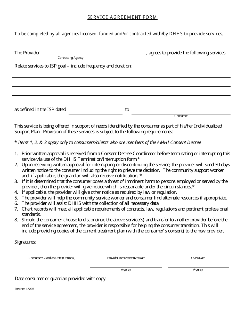 Service Agreement Form - Maine, Page 1