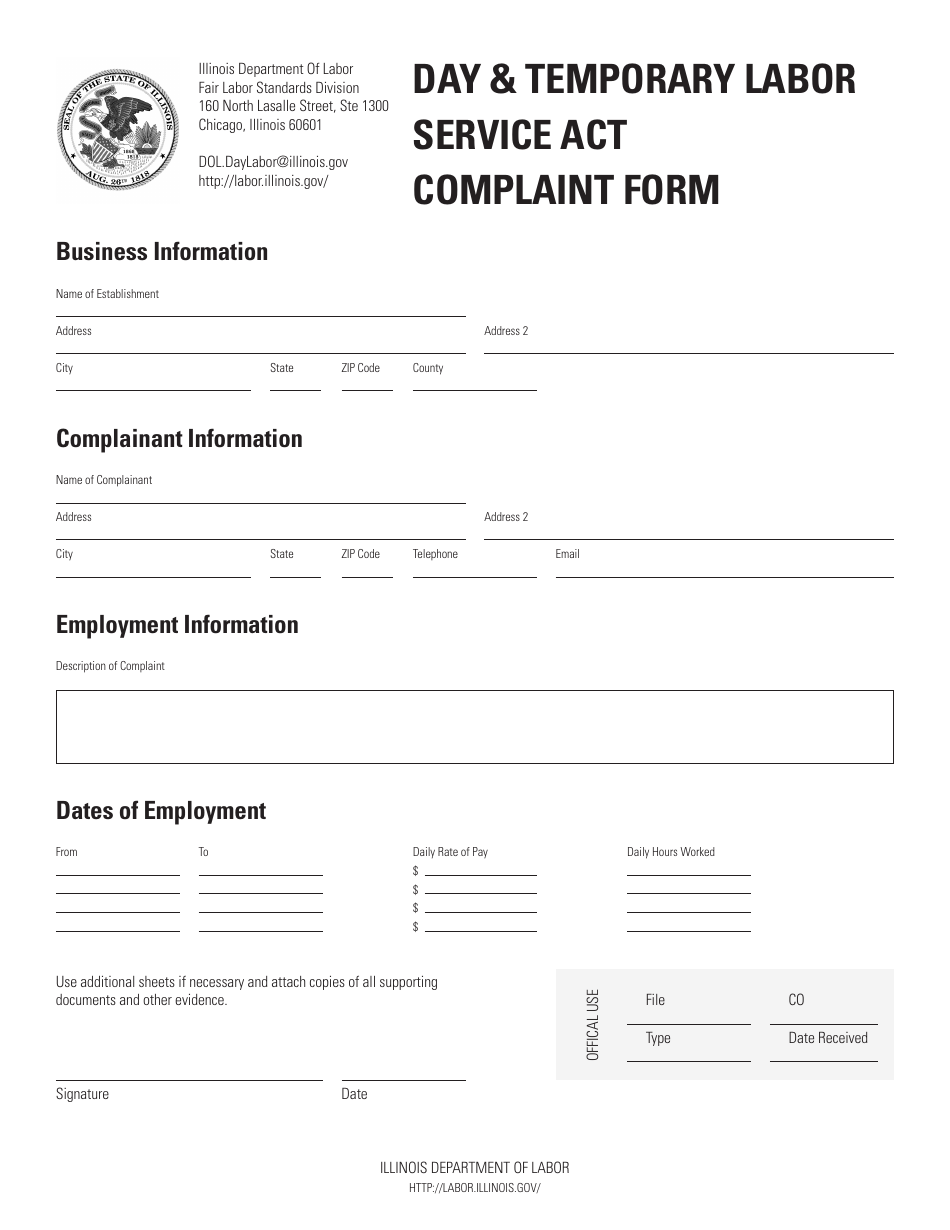 Day  Temporary Labor Service Act Complaint Form - Illinois, Page 1