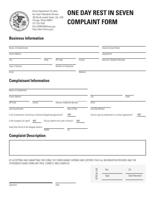 One Day Rest in Seven Complaint Form - Illinois Download Pdf