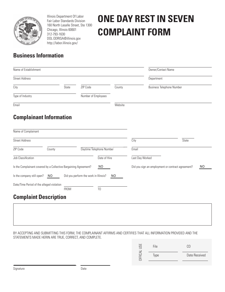 One Day Rest in Seven Complaint Form - Illinois, Page 1