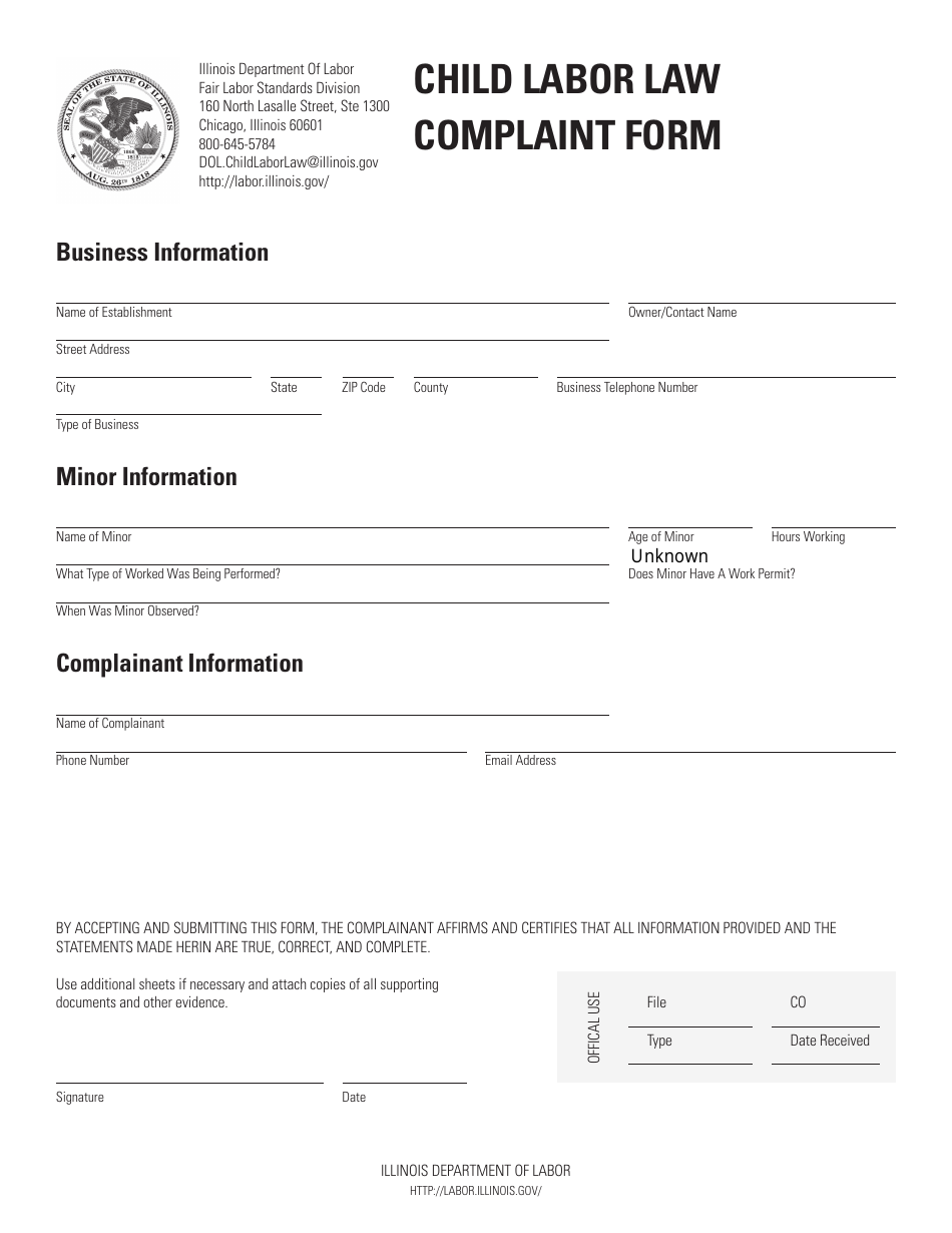 Child Labor Law Complaint Form - Illinois, Page 1